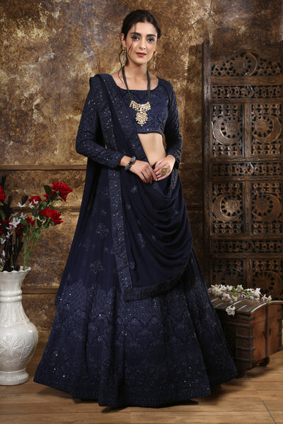 Navy Blue Taffeta Silk Two Layer Plain Lehenga With Velvet Work Choli –  Cygnus Fashion