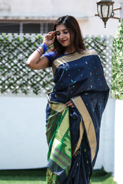 Linen Silk Jamadani Saree With Premium Zari Saree With Contrast Blouse