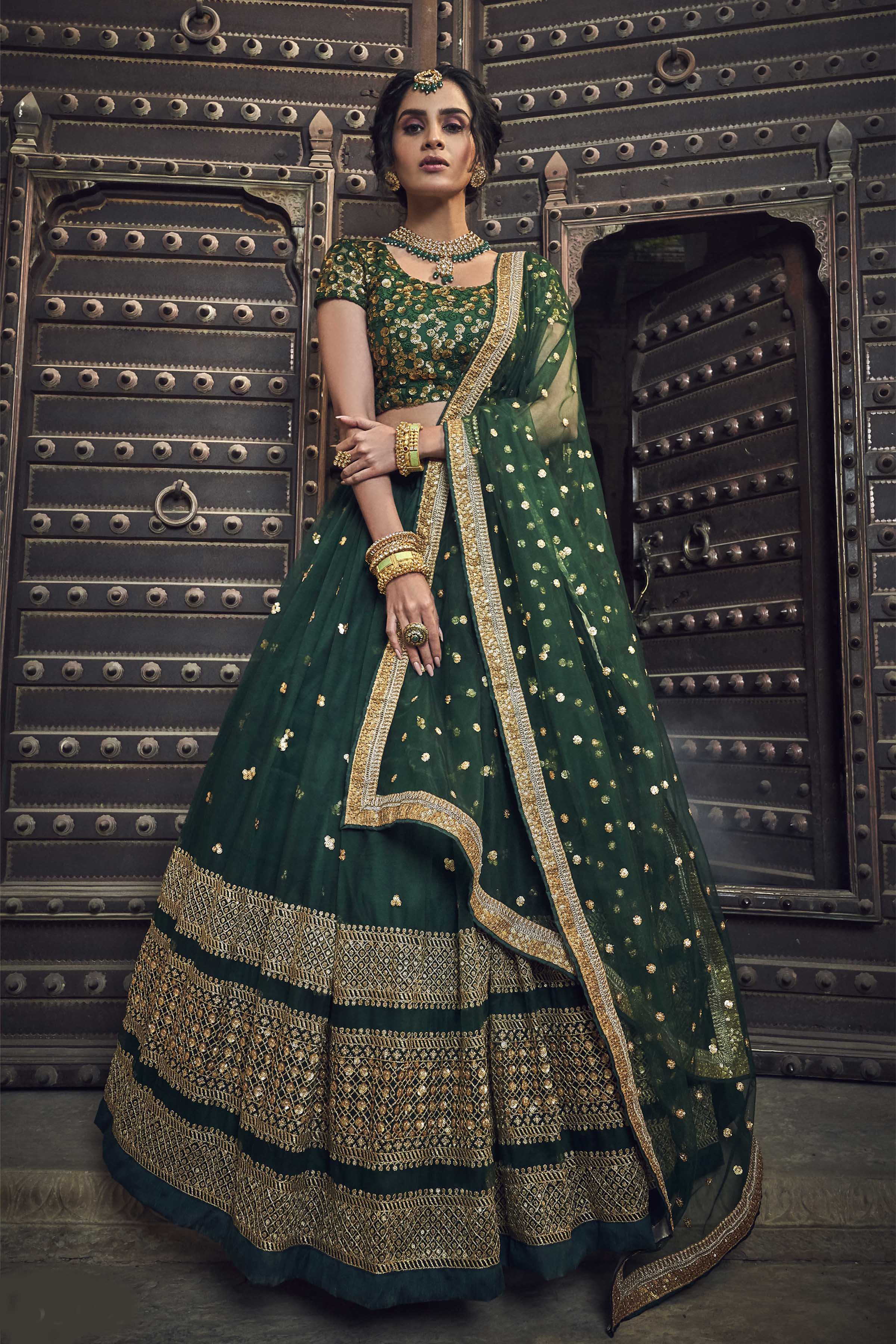 Green Designer Zari And Sequence Work Lehenga Choli For Wedding Wear