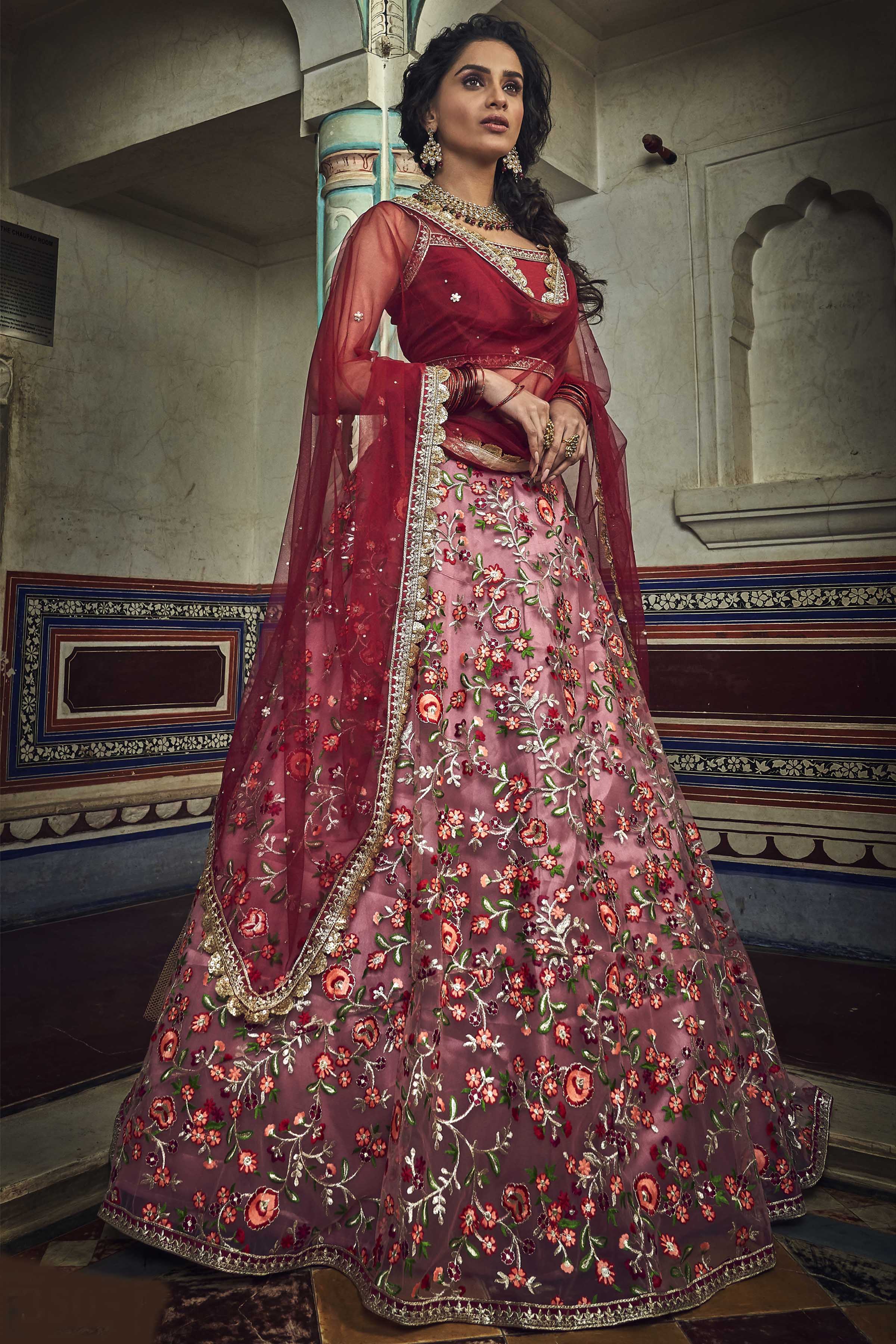 Soft Net Floral Zari And Thread Worked Lehenga Choli With Dupatta For Wedding Wear