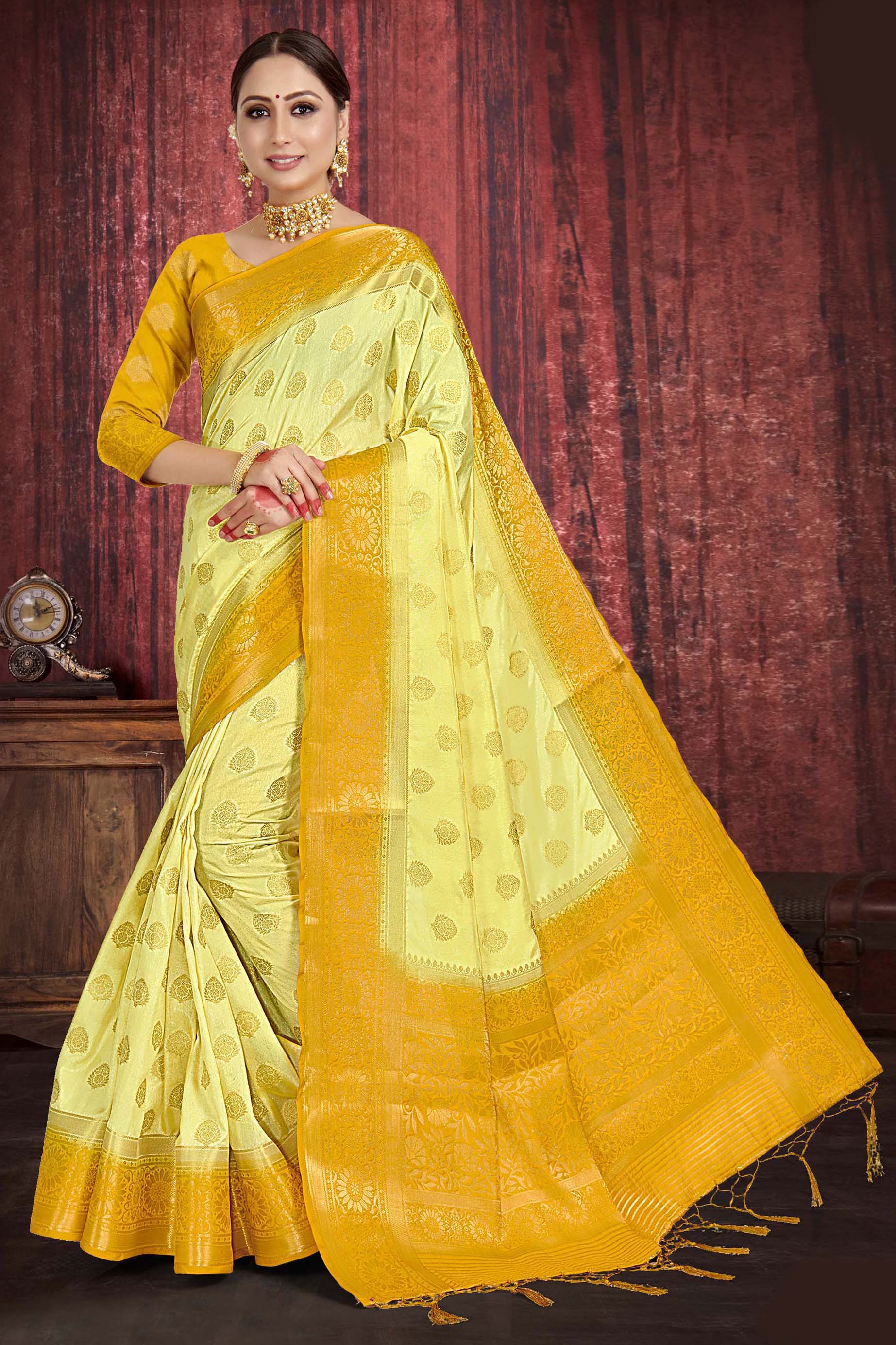 Yellow silk saree with blouse 5107 | Art silk sarees, Party wear sarees,  Saree designs