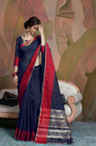 Royal Blue Colored With Red Zari Border Weaving Linen Saree