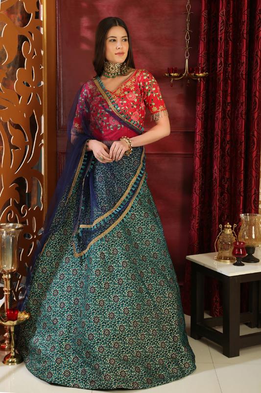 Buy Teal Green Raw Silk Resham N Mirror Work Lehenga Choli With Dupatta  Wedding Wear Online at Best Price | Cbazaar