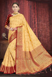 Party Wear Beige Color Raw Silk Saree With Red Unstitched Blouse