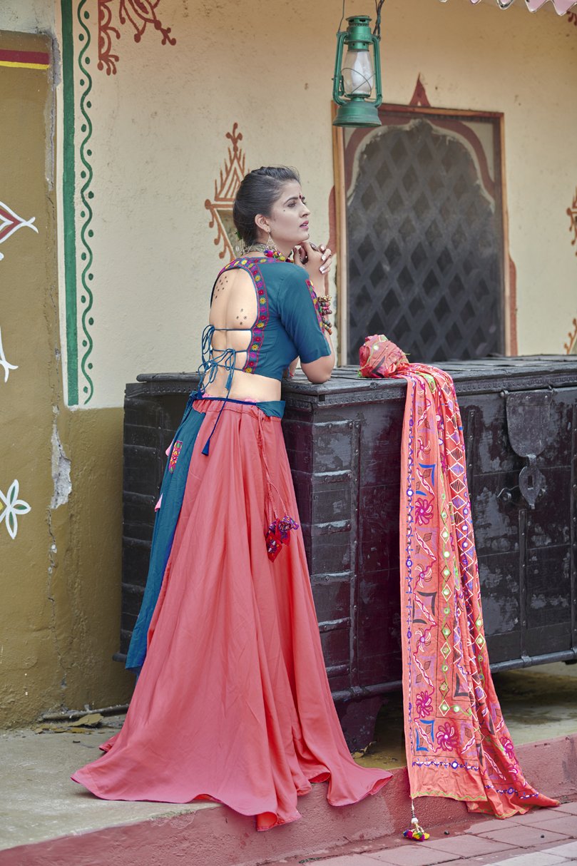 Rama Blue with Green Banaras, Zari, Stone and Thread work Lehenga Chol –  Seasons Chennai