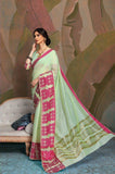 Gorgeous Green With Pink Weabing Border Linen Saree For Party Wear