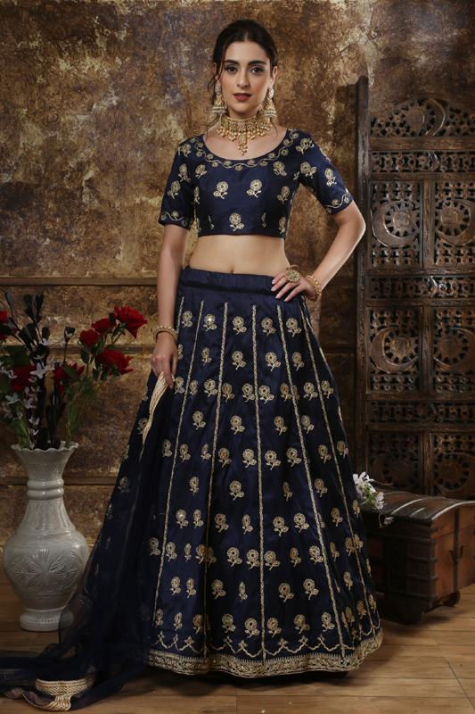Royal Blue And Golden Designer Lehenga Set – Zari Banaras