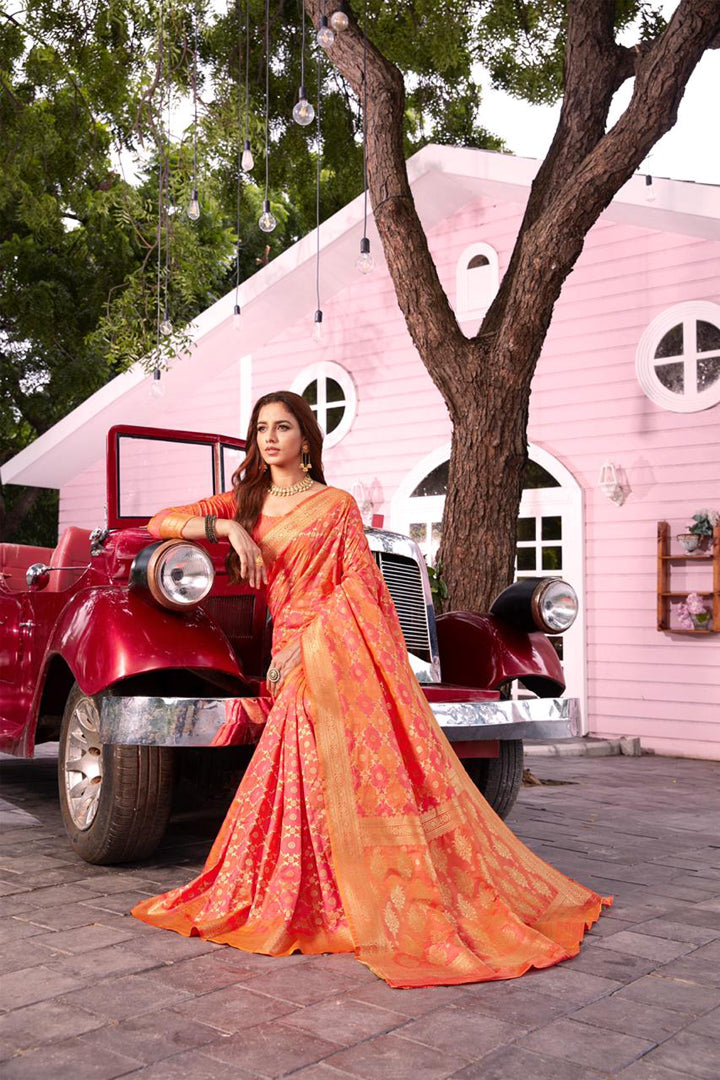 Fiery Orange Banglori Raw Silk Saree - Cygnus Fashion
