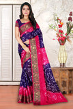 Pink & Blue Art Silk Bandhani Saree With Jacquard