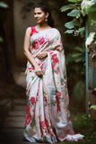 Adorable Cream Floral Printed Linen Saree With Zari Border