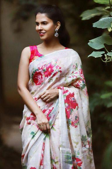 Adorable Cream Floral Printed Linen Saree With Zari Border