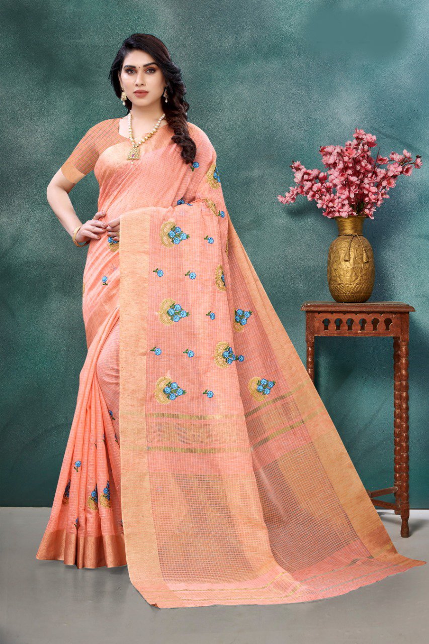 Pure Linen Embroidery Handwork Saree For Party Wear