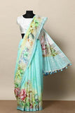 Sea Blue Color Casual Wear Printed Linen Saree For Women