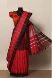 Authentic Red Color Striped Printed Linen Casual Saree