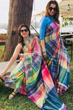 Multicolor Printed Linen Saree With Zari Border