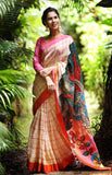 Chex With Beige Printed Linen Saree with Blouse Piece