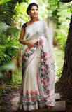 Off White Printed Linen Saree with Blouse Piece
