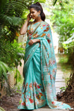 Sea Green Flower Printed Linen Saree with Zari Border