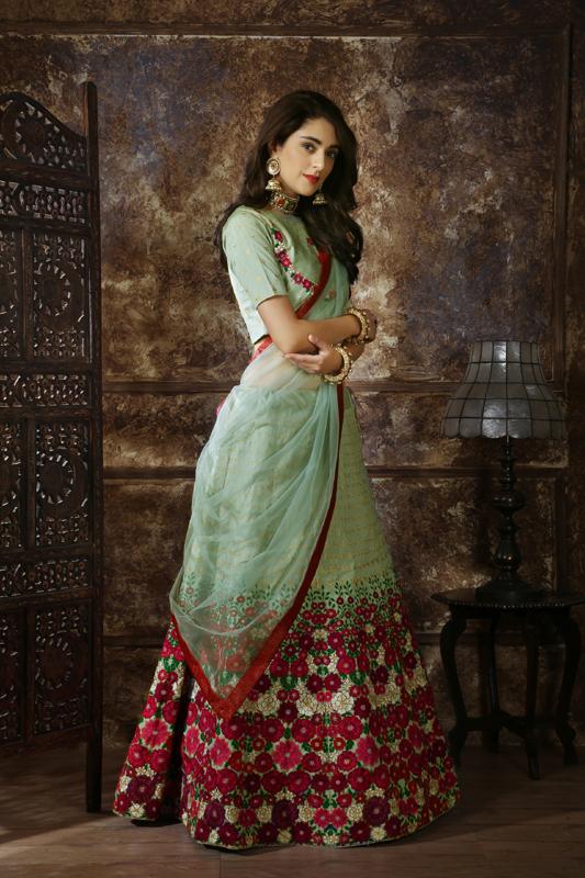 Shop Light Green Satin Embroidered Lehenga Choli at best offer at our Lehenga  Choli with Dupatta Store - Karmaplace