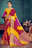 Yellow & Maroon Combination Raw Silk Saree For Party Wear