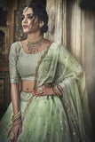 Soft Net Green Zari And Thread Work Lehenga Choli With Dupatta For Wedding Wear