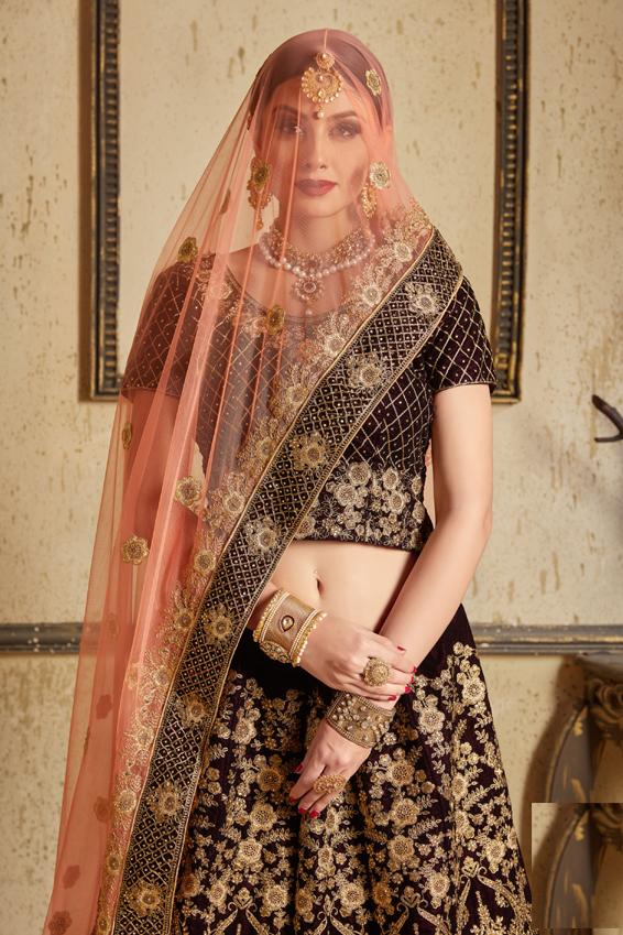 Lehenga Choli : Maroon velvet heavy embroidered bridal lehenga ...