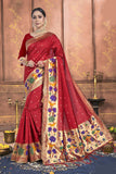 Design  flower party wear red saree with silk  golden woven work