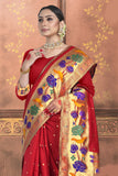 Design  flower party wear red saree with silk  golden woven work