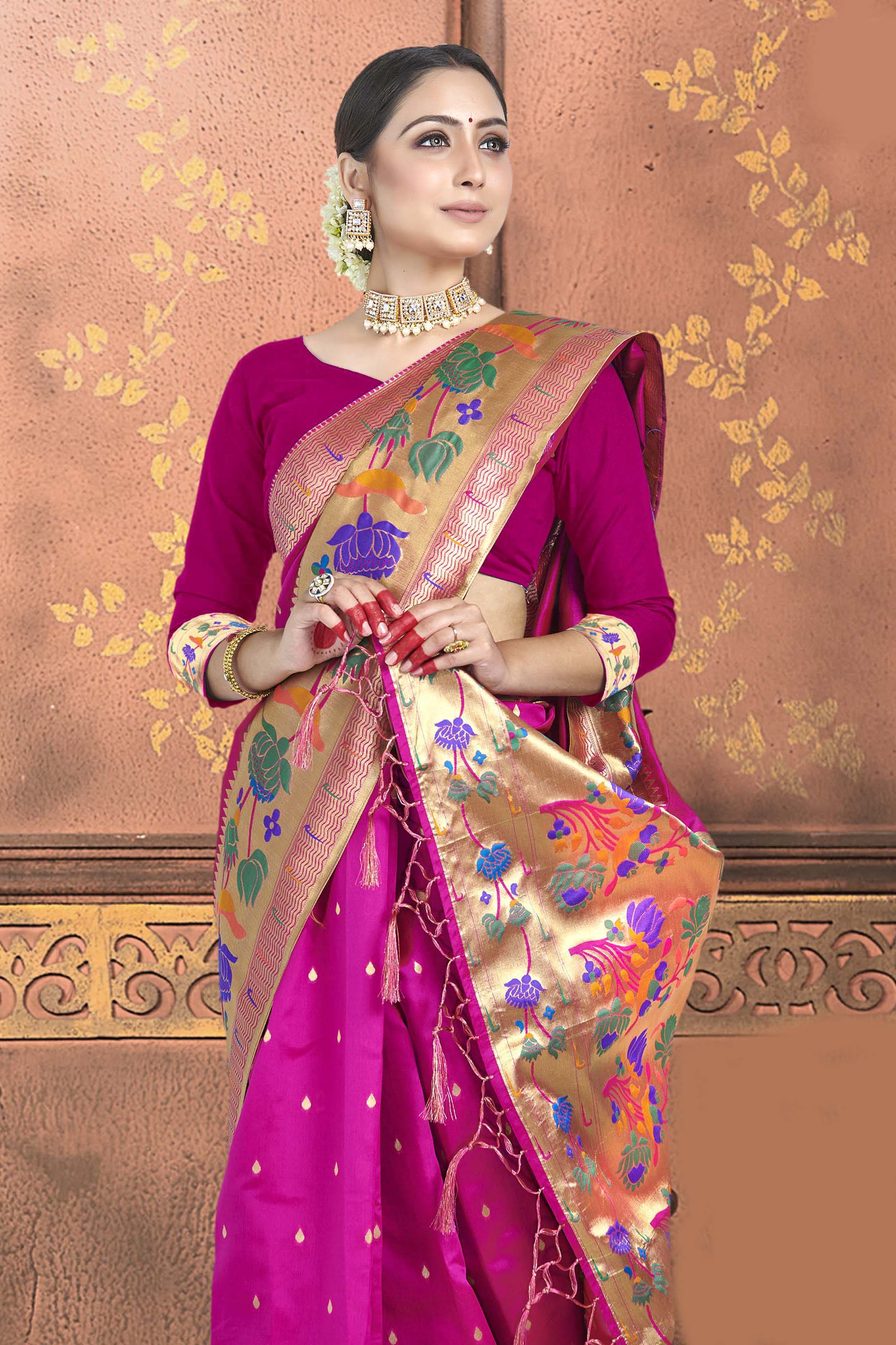 Flower Zari Weaving Pink Colored Silk Saree For Party Wear – Cygnus Fashion