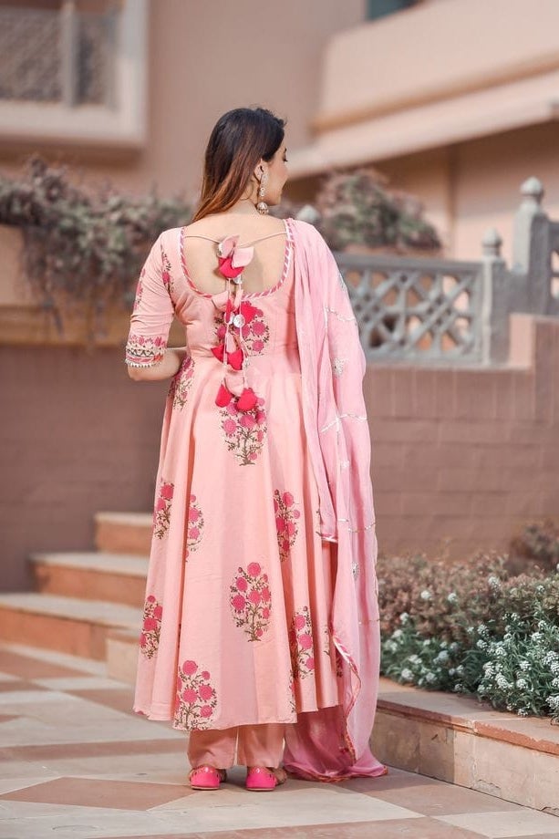 Amazing Peach Full Stitched LOng Anarkali With Pant Dupatta, 52% OFF
