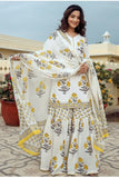 Trendy White Color Cotton Slub Kurti & Sharara With Printed Work