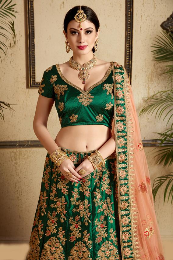 Classy Green Thread & Stone Work Lehenga Choli With Dupatta For Bridal Wear