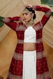 White & Maroon Chinon A Line Lehenga Choli