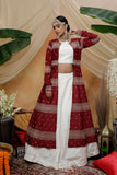 White & Maroon Chinon A Line Lehenga Choli