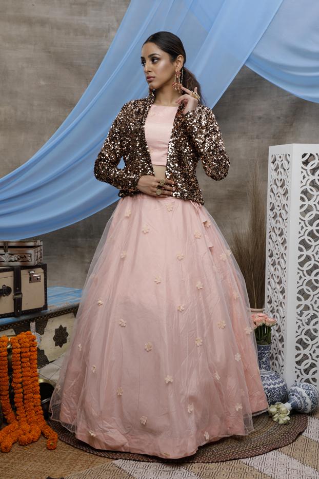 Peach Color Designer Velvet Koti With Net Lehenga Choli For Party Wear