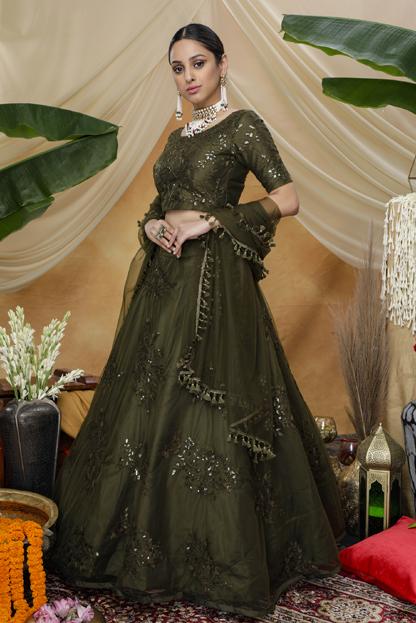 Sequence Embroidery Net Lehenga Choli With Dupatta In Olive Green