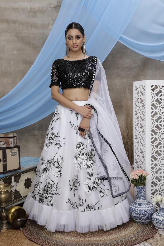 Cream Sequins Embroidered Organza Semi Stitched Floral Lehenga for wedding  - MEGHALYA - 2895084