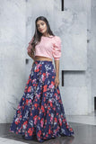 Navy Blue Printed Cotton Semi Stitched Top & Skirt
