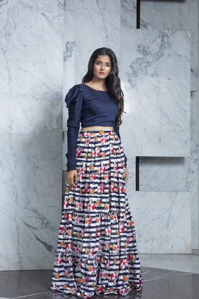 Rayon With Crepe Fabric Crop Top & Multi Color Skirt
