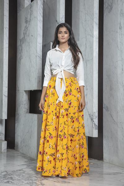 Stylish White Crop Top & Yellow Printed Skirt For Women