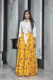 Stylish White Crop Top & Yellow Printed Skirt For Women