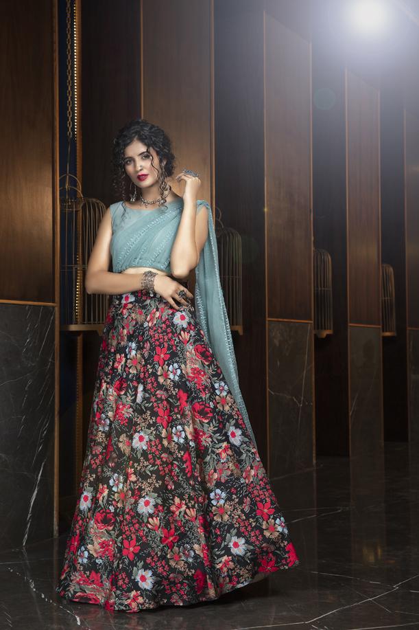 Floral Printed Crepe Lehenga Choli With Sequence Embroidery Work