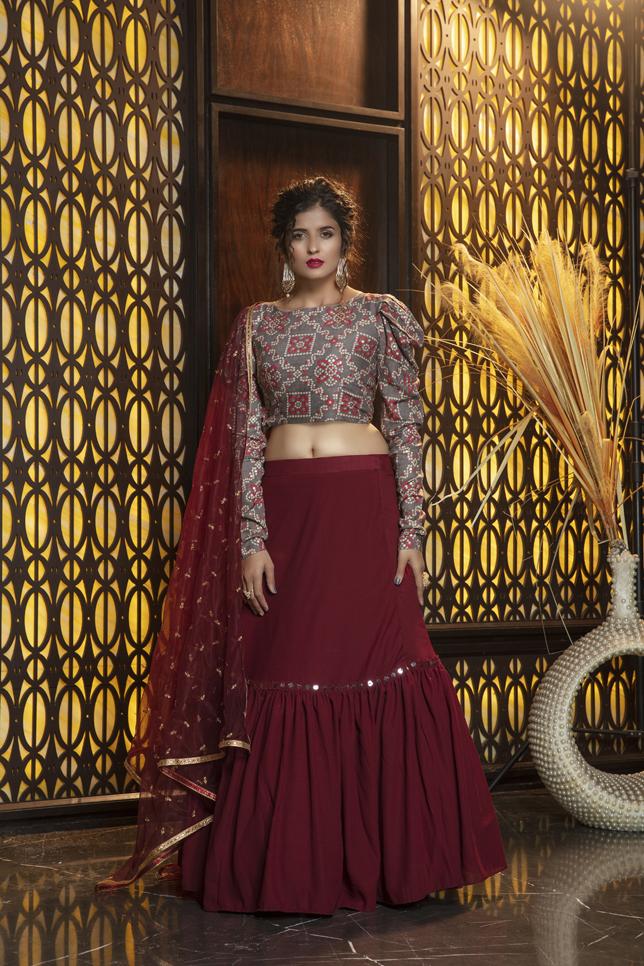 Georgette Lehenga Choli in Maroon With Sequence Embroidery