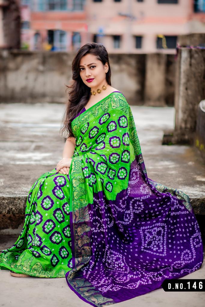 Green & Purple Bandhani Silk Saree With Jacquard Border