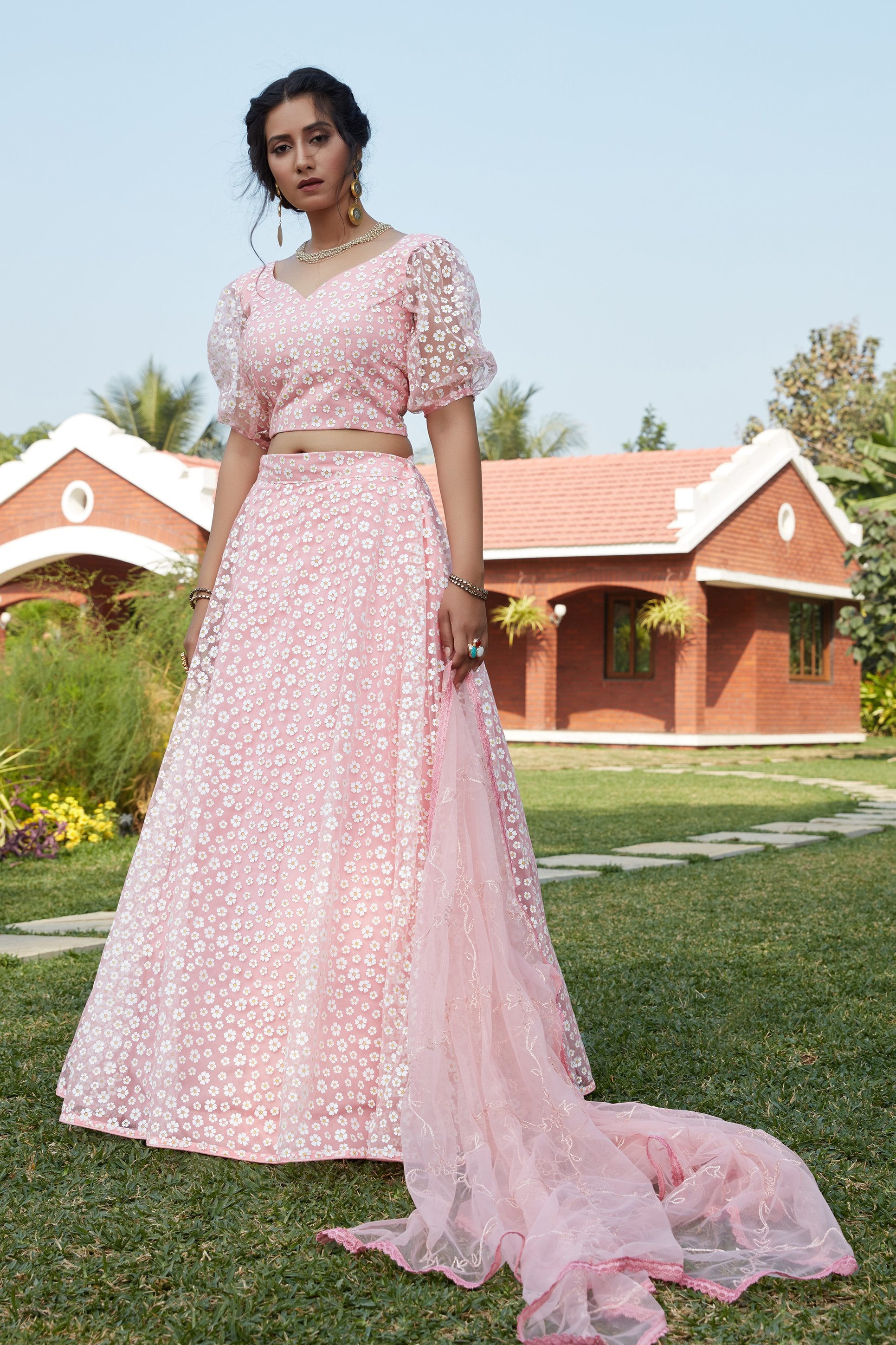Self Designed Light Pink Colored Net Lehenga With Foil Worked