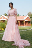 Self Designed Light Pink Colored Net Lehenga With Foil Worked