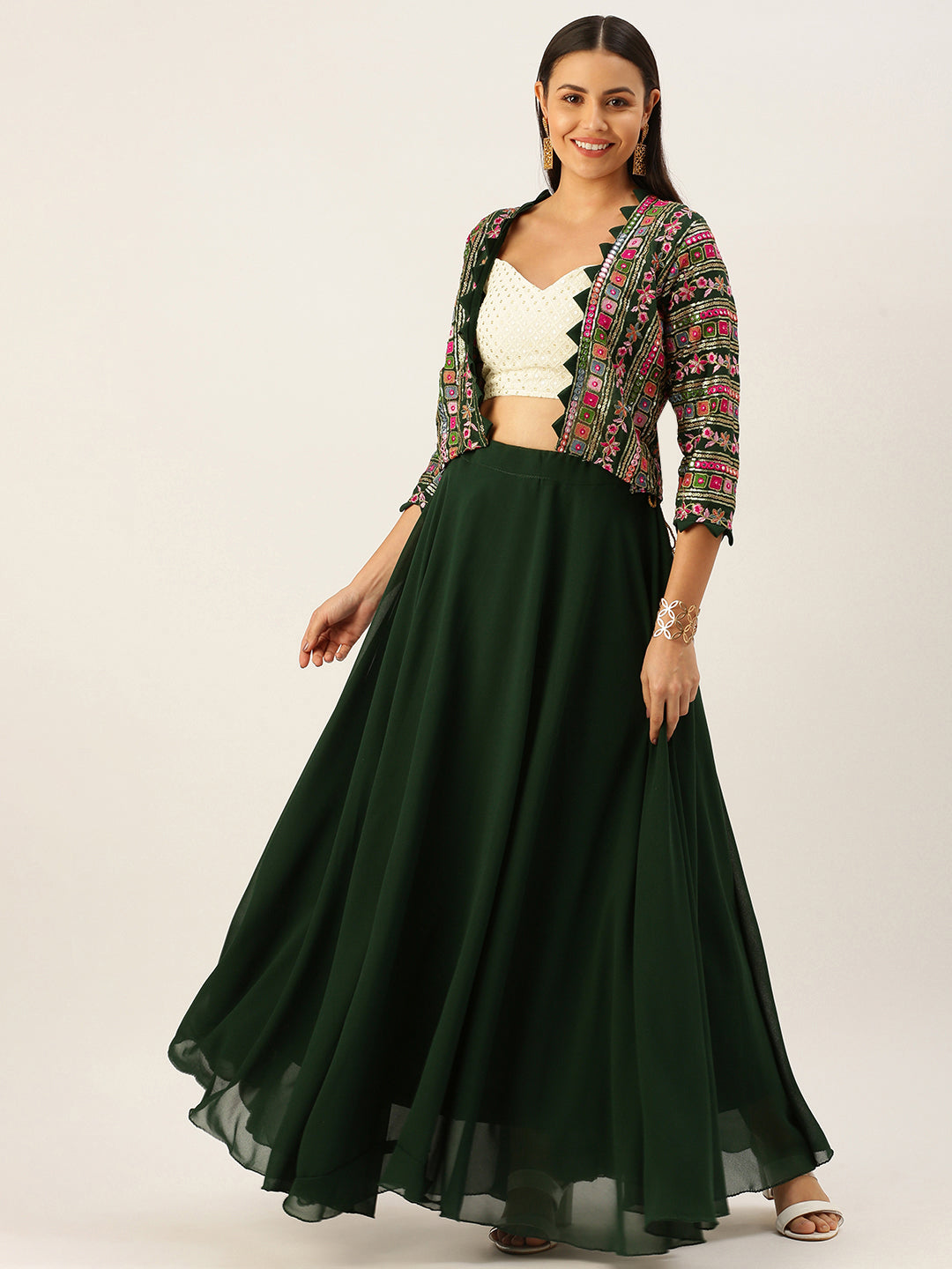 Green Color Georgette Lehenga Choli With Embroidery Work Kot