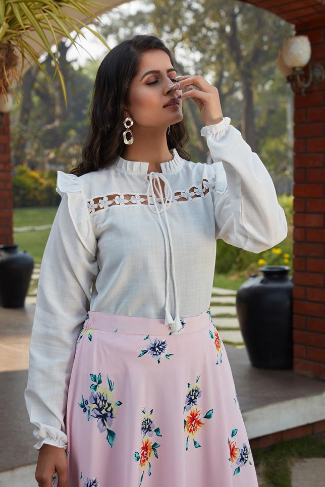 Fancy White Top With Flared Printed Skirt