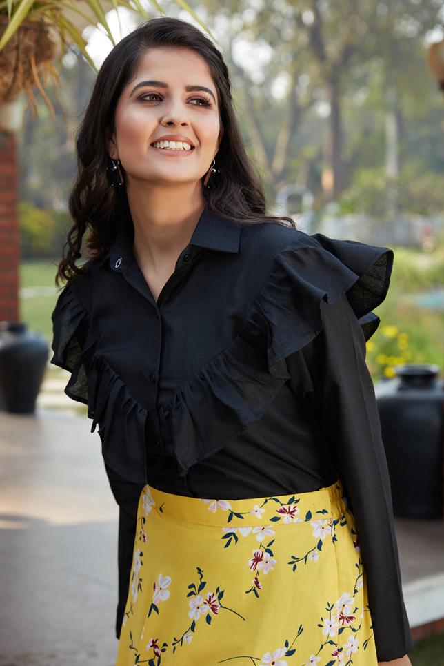 Stylish And Trendy Black Top With Printed Flared Skirt