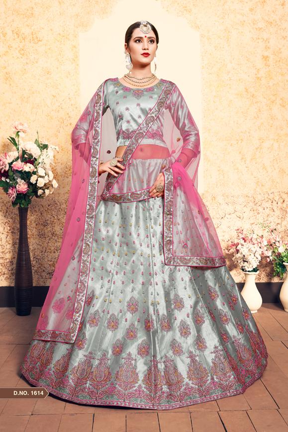 PASTEL GREY TO PINK OMBRÉ LEHENGA SET WITH GOLD HIGHLIGHTS, MATCHING CHOLI  AND OMBRÉ DUPATTA WITH GOLD BUTIS - Seasons India